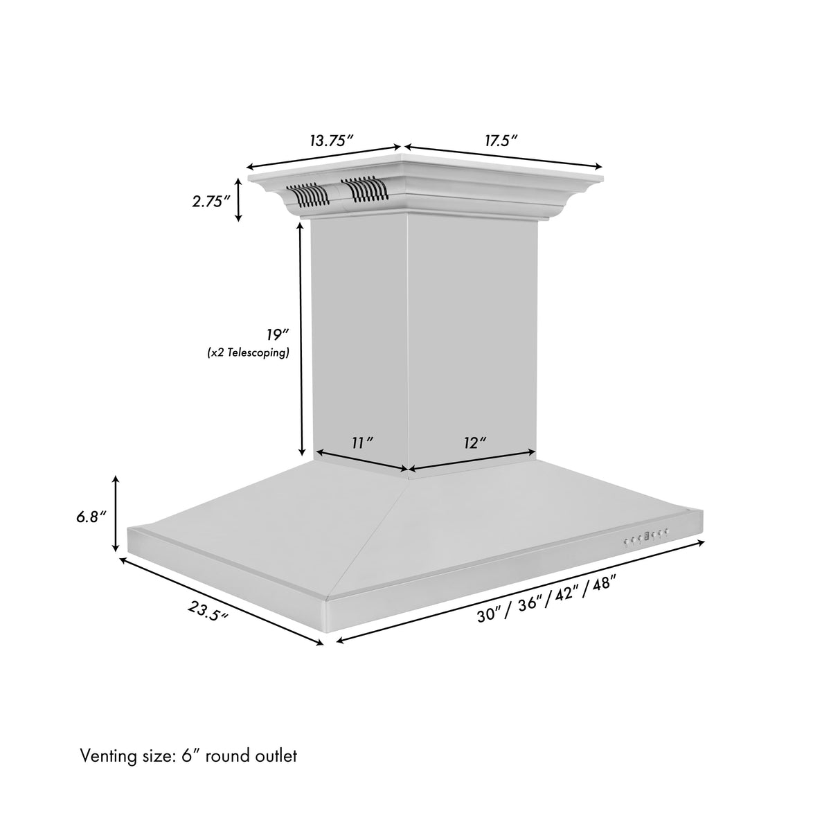 Island-mount range hood stainless steel chimney with ducted vent design