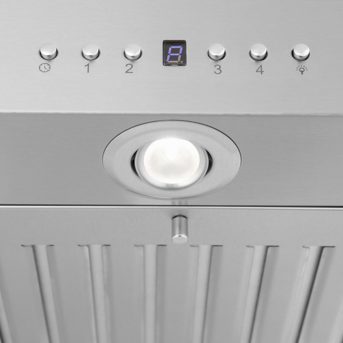 Range hood control panel with LED display, touch buttons, and round light