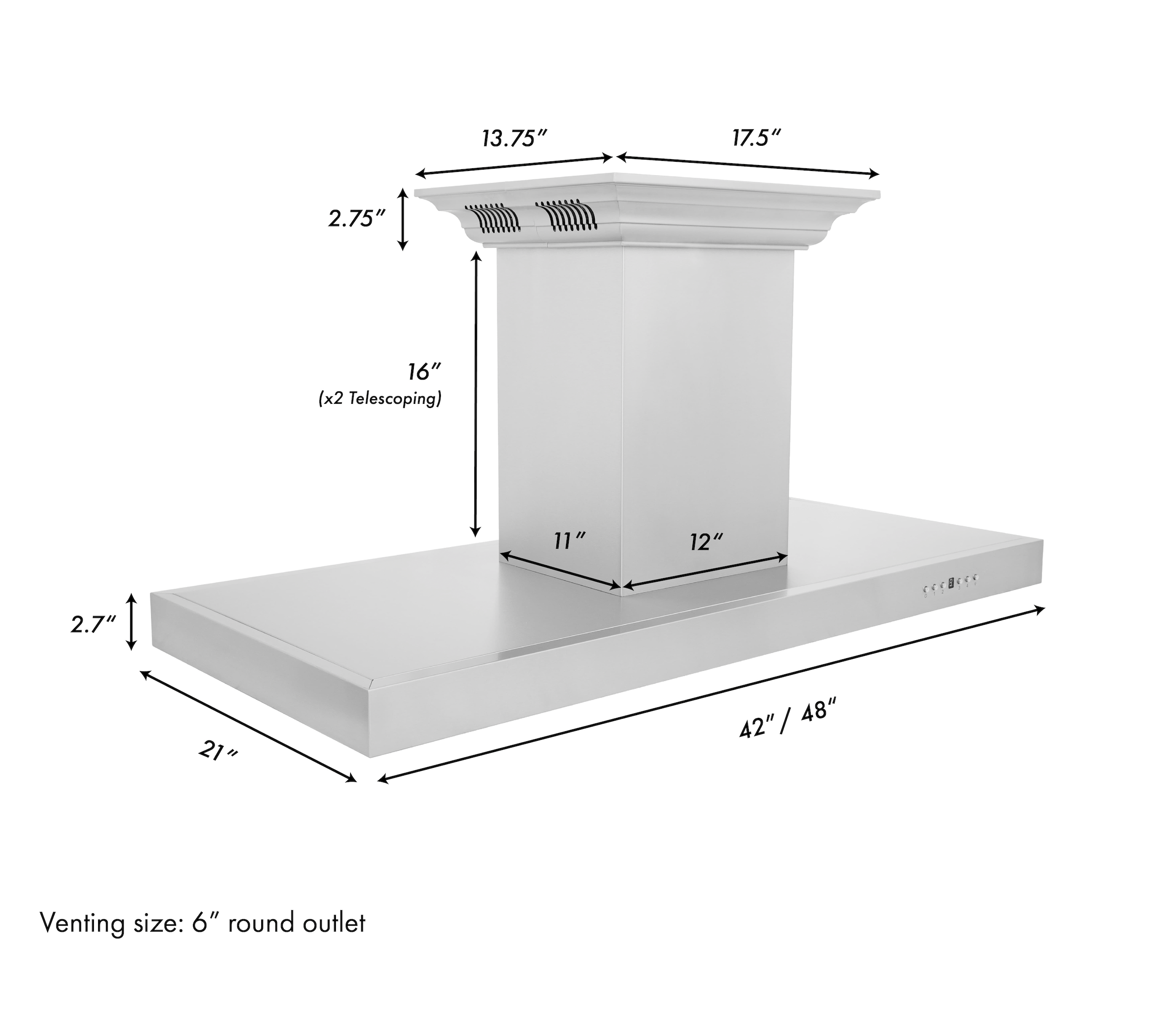 Stainless steel island range hood with crown top and telescoping vent section