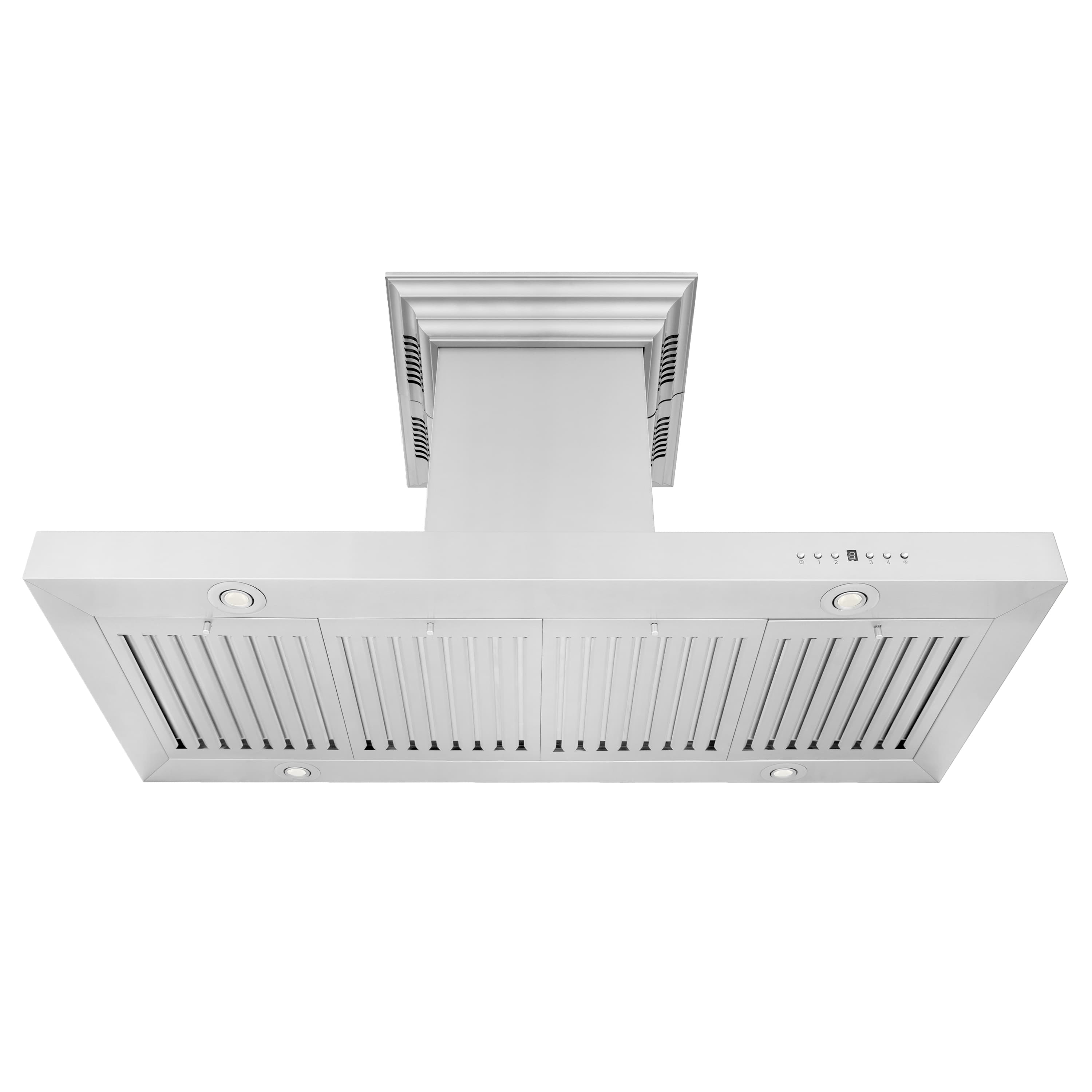 Stainless steel island range hood with ducted vent, curved canopy and baffle grille