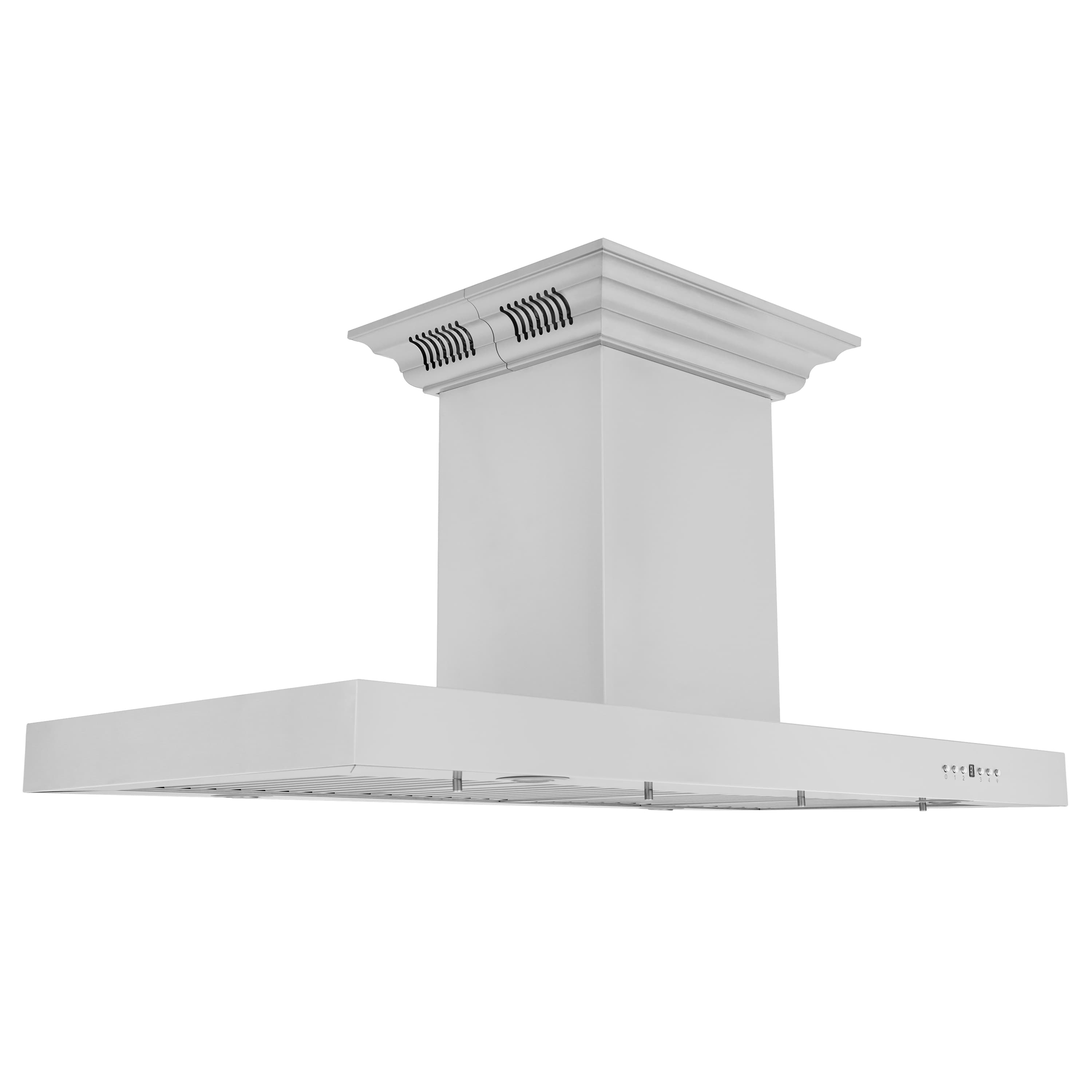 Stainless steel island range hood with chimney and wide canopy vent grilles