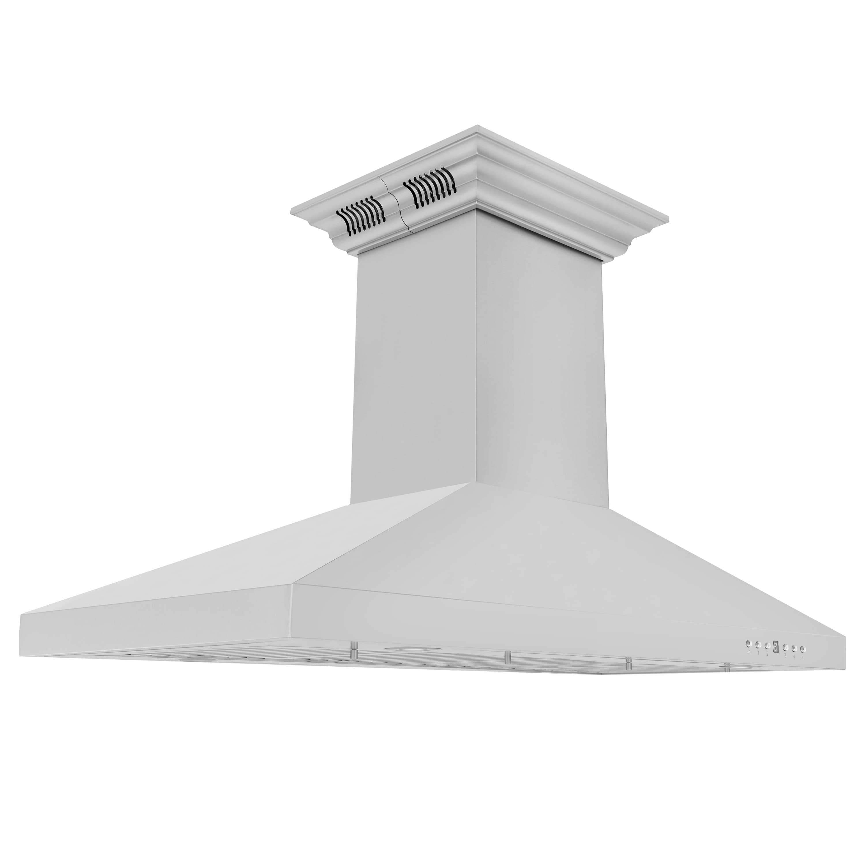 Stainless steel ducted island range hood with crown top and wide canopy
