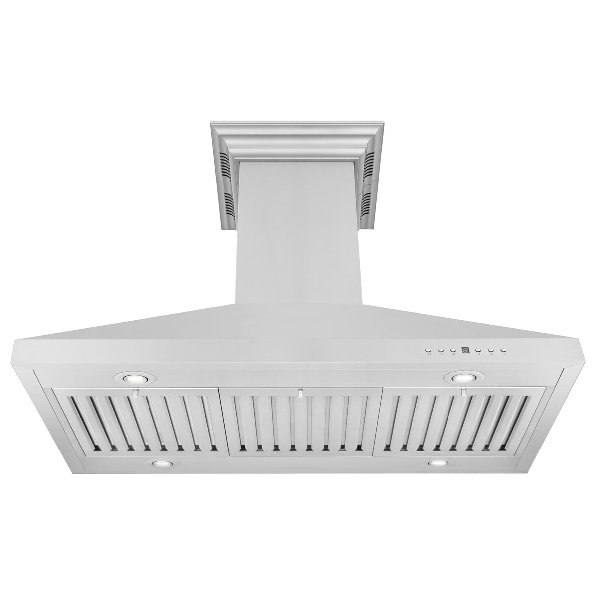 Stainless steel island range hood underside with baffle filters and two light lenses