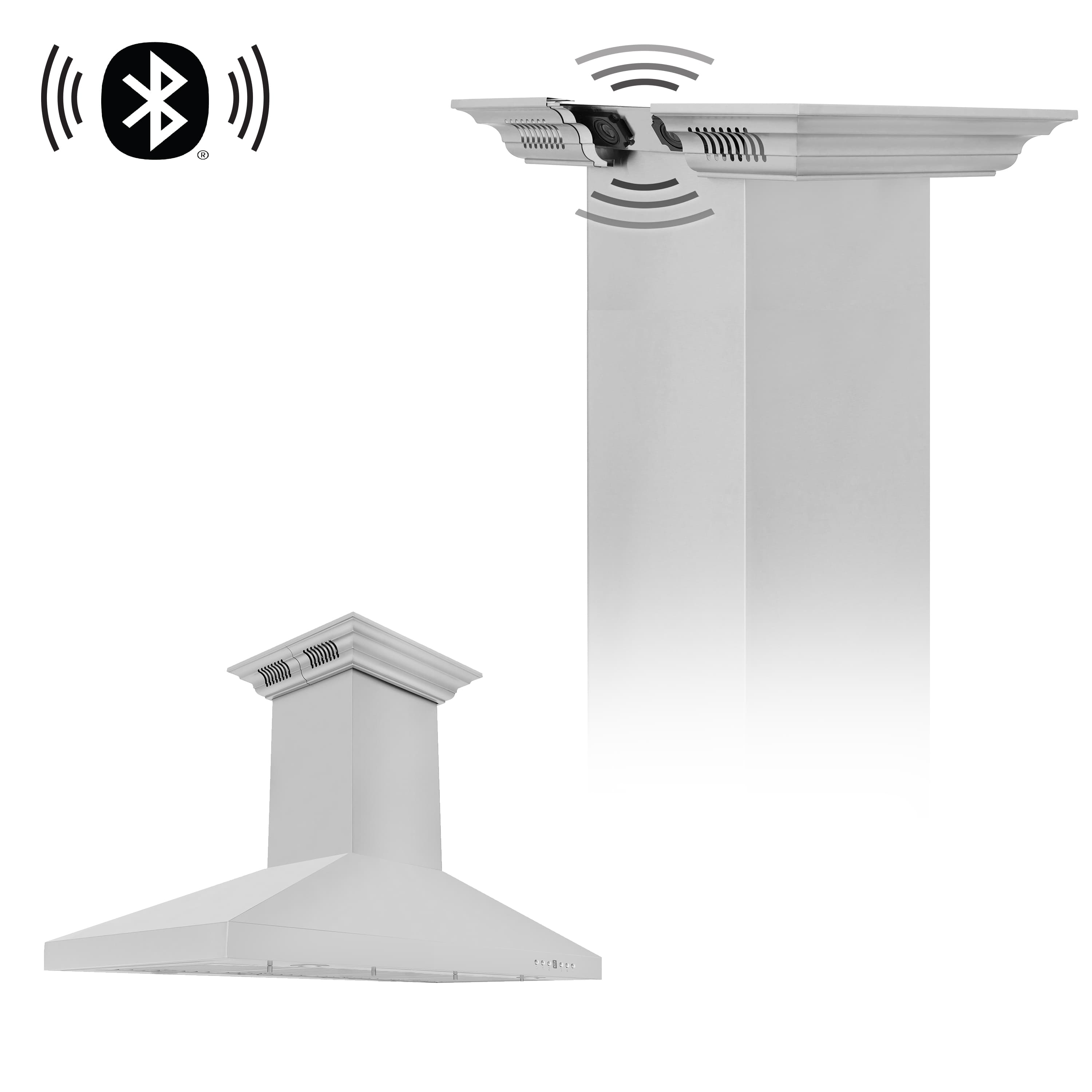 Stainless steel range hood with built-in speakers and Bluetooth signal icon