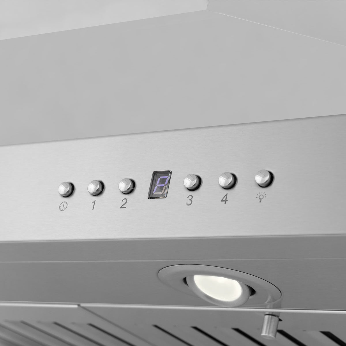 Stainless steel range hood control panel with numbered buttons and LED display