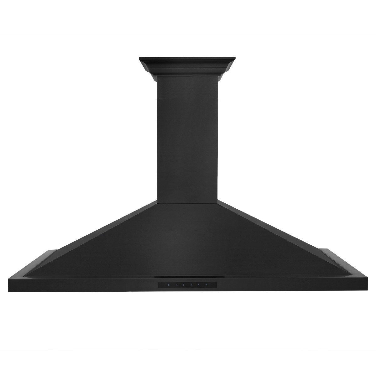 Black wall mount range hood with crown molding and wide canopy