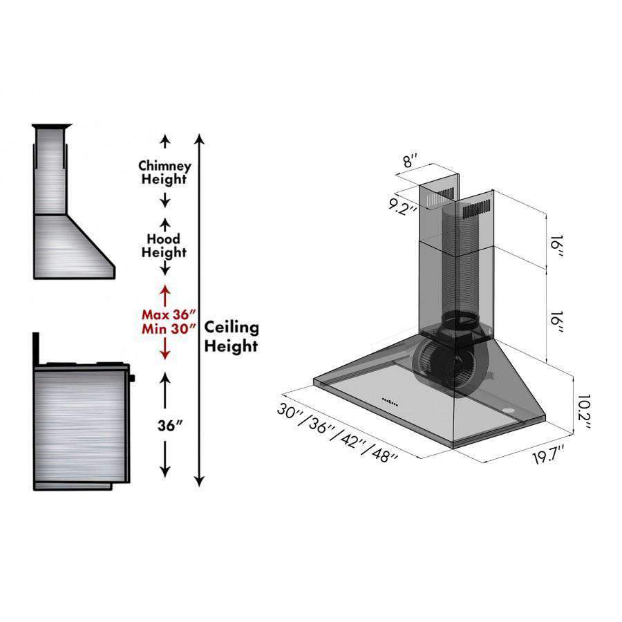Range hood installation diagram with ceiling height, hood height, and chimney dimensions