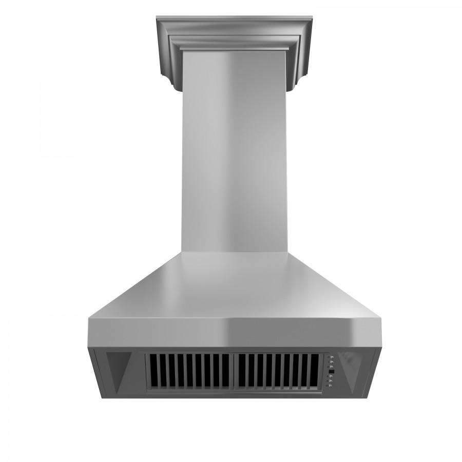 Stainless steel wall mount range hood with front vent grille and decorative canopy trim