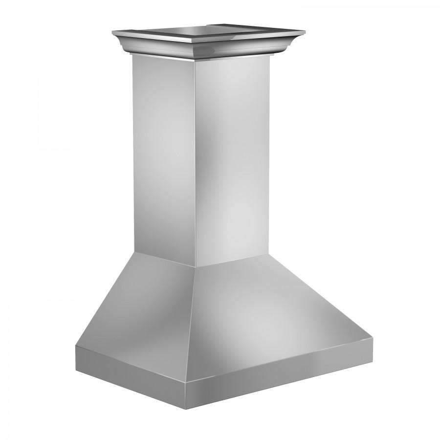 Stainless steel chimney-style wall mount range hood with flared canopy and side panel seams