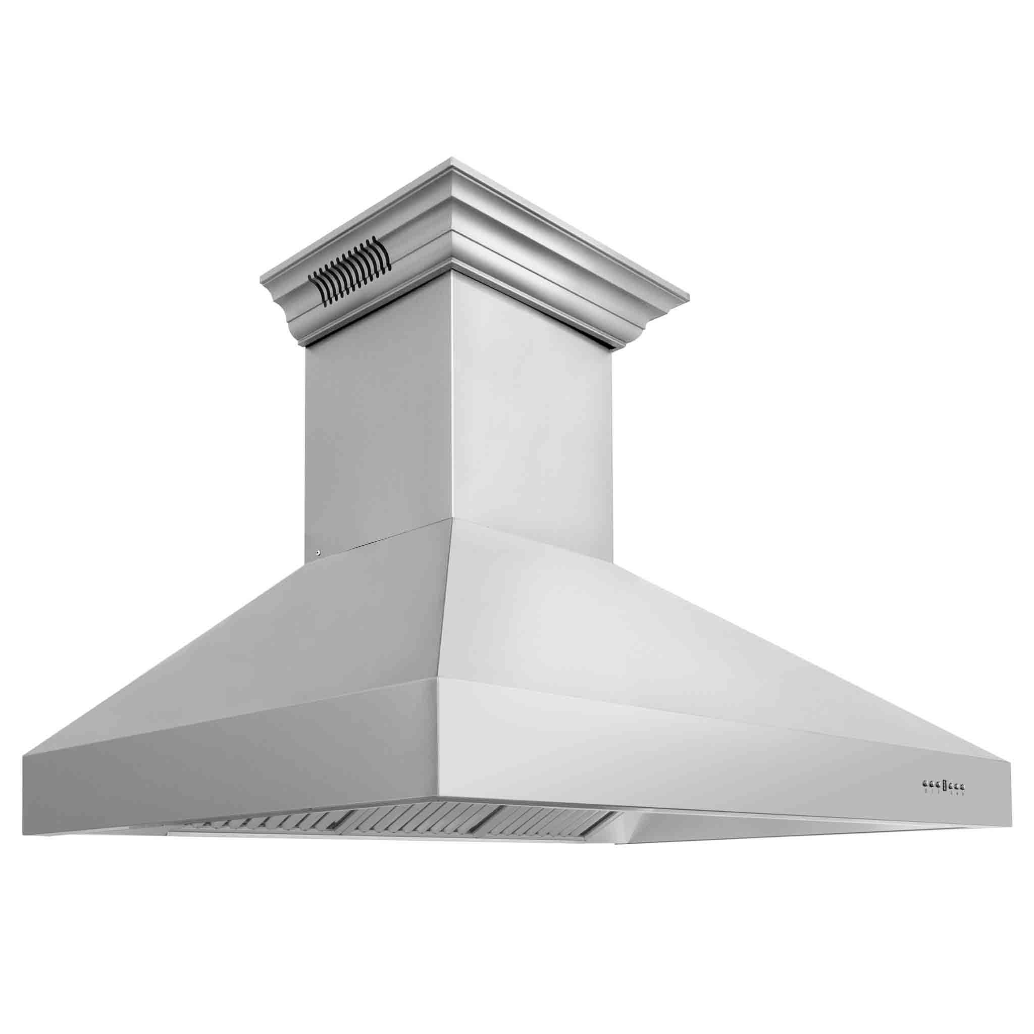 Stainless steel wall mount chimney range hood angled side view with vented top