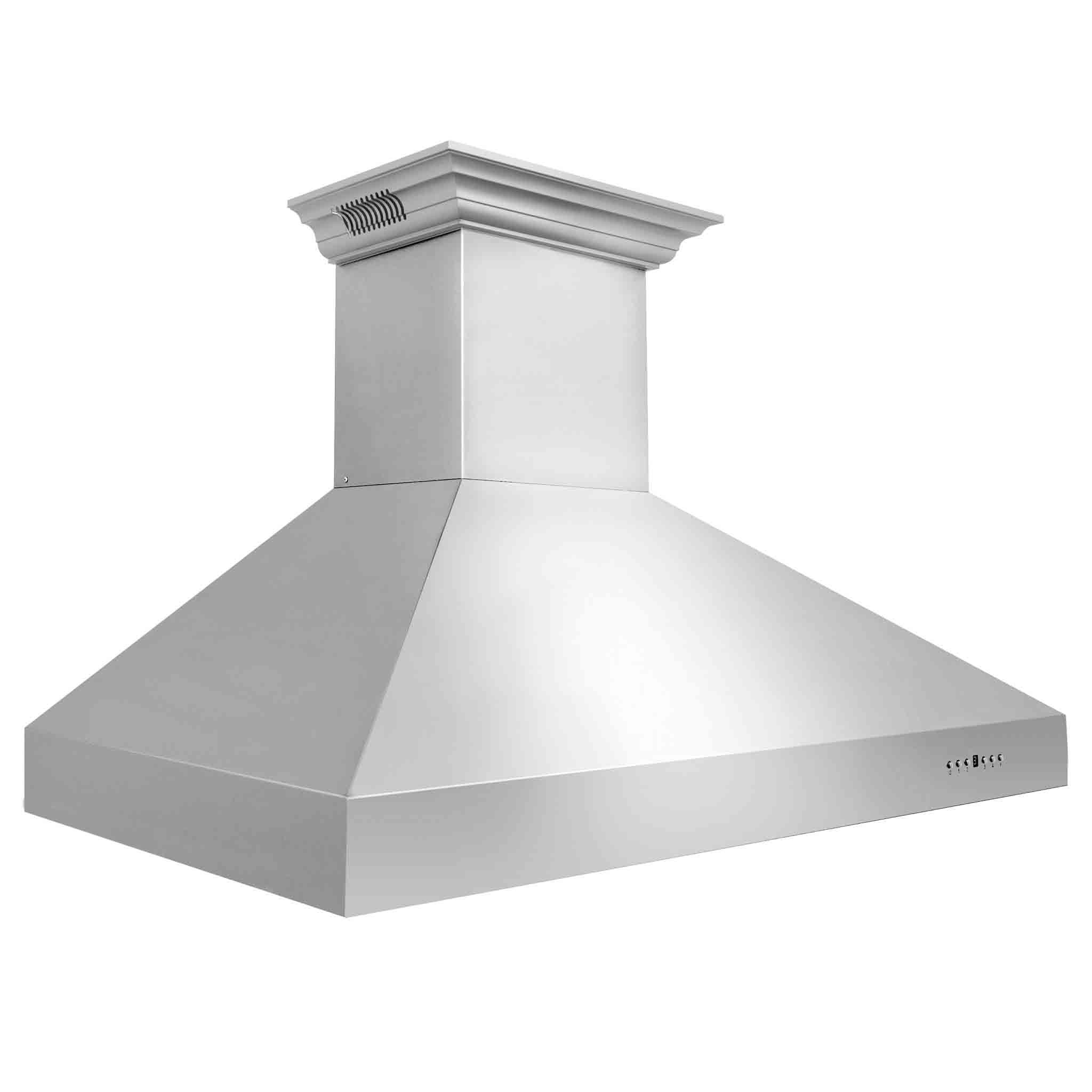 Stainless steel wall-mount range hood with chimney-style canopy and vent hood
