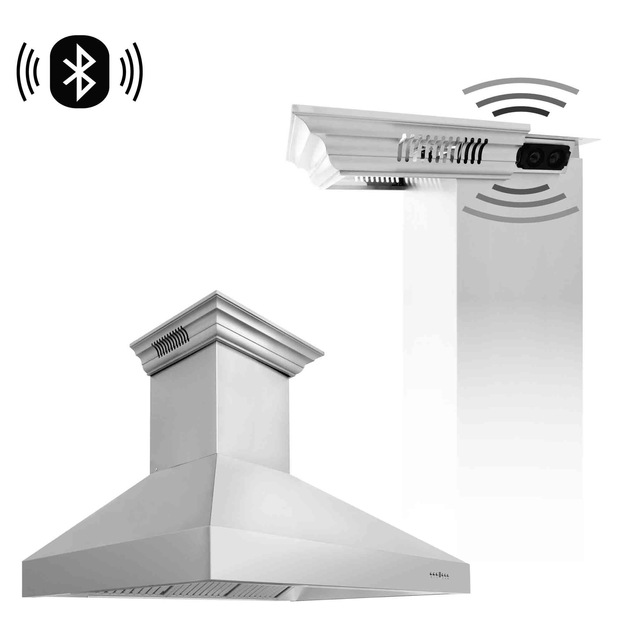Stainless steel chimney range hood with built-in speaker grille and Bluetooth signals