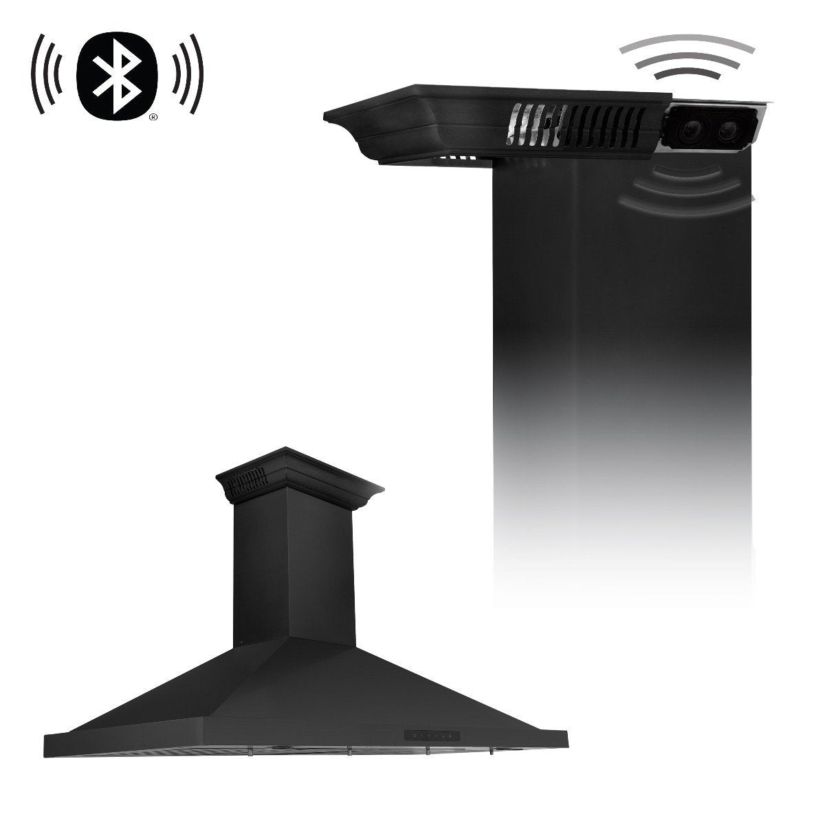 Black stainless wall mount range hood with built-in Bluetooth speaker module