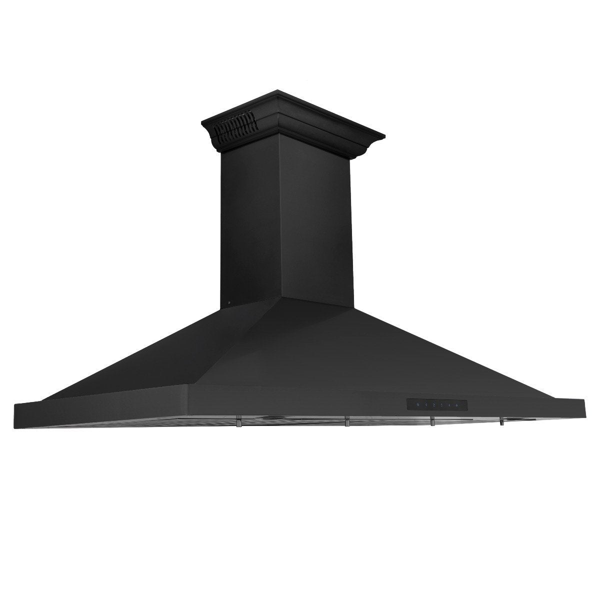 Black stainless wall mount range hood with decorative crown chimney and flat canopy