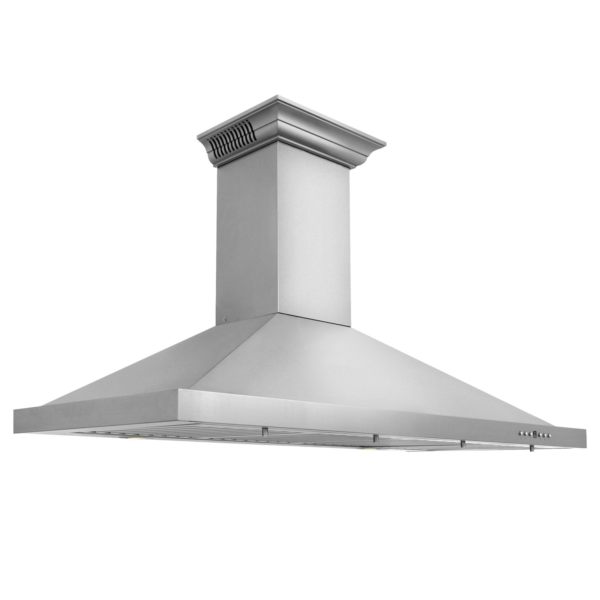 Stainless steel wall mount range hood with chimney, curved canopy, right-side controls