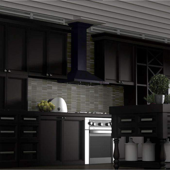 Wall range hood over stove with dark chimney and front control panel