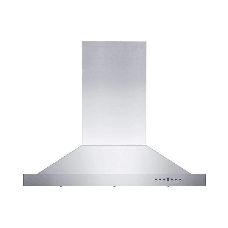 Stainless steel range hood with smooth chimney and wide canopy