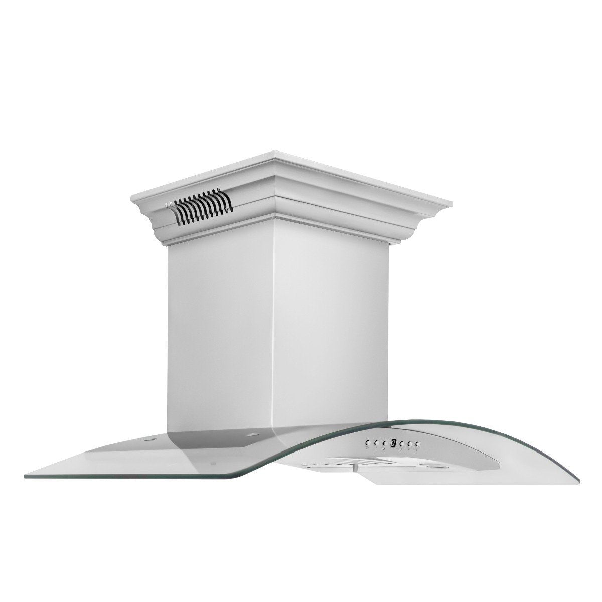 Stainless steel wall-mount range hood with curved glass canopy and vented top trim