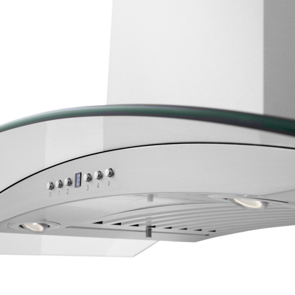Stainless steel range hood underside with round lights and control buttons
