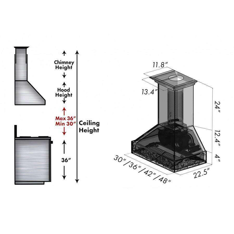 Wall range hood size diagram showing dimensions and vent height ranges