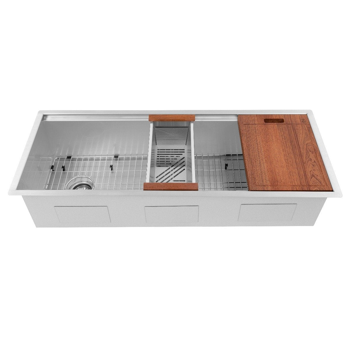 Undermount single-bowl sink with bottom grid rack, rolling mat, and wooden cutting board