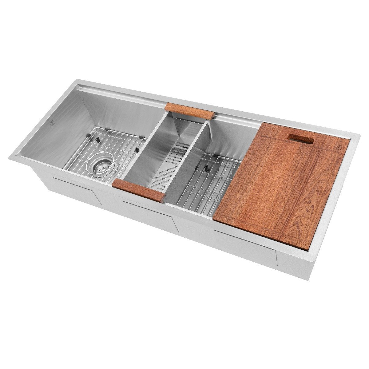 Stainless steel single-bowl undermount kitchen sink with bottom grid and wooden cutting board