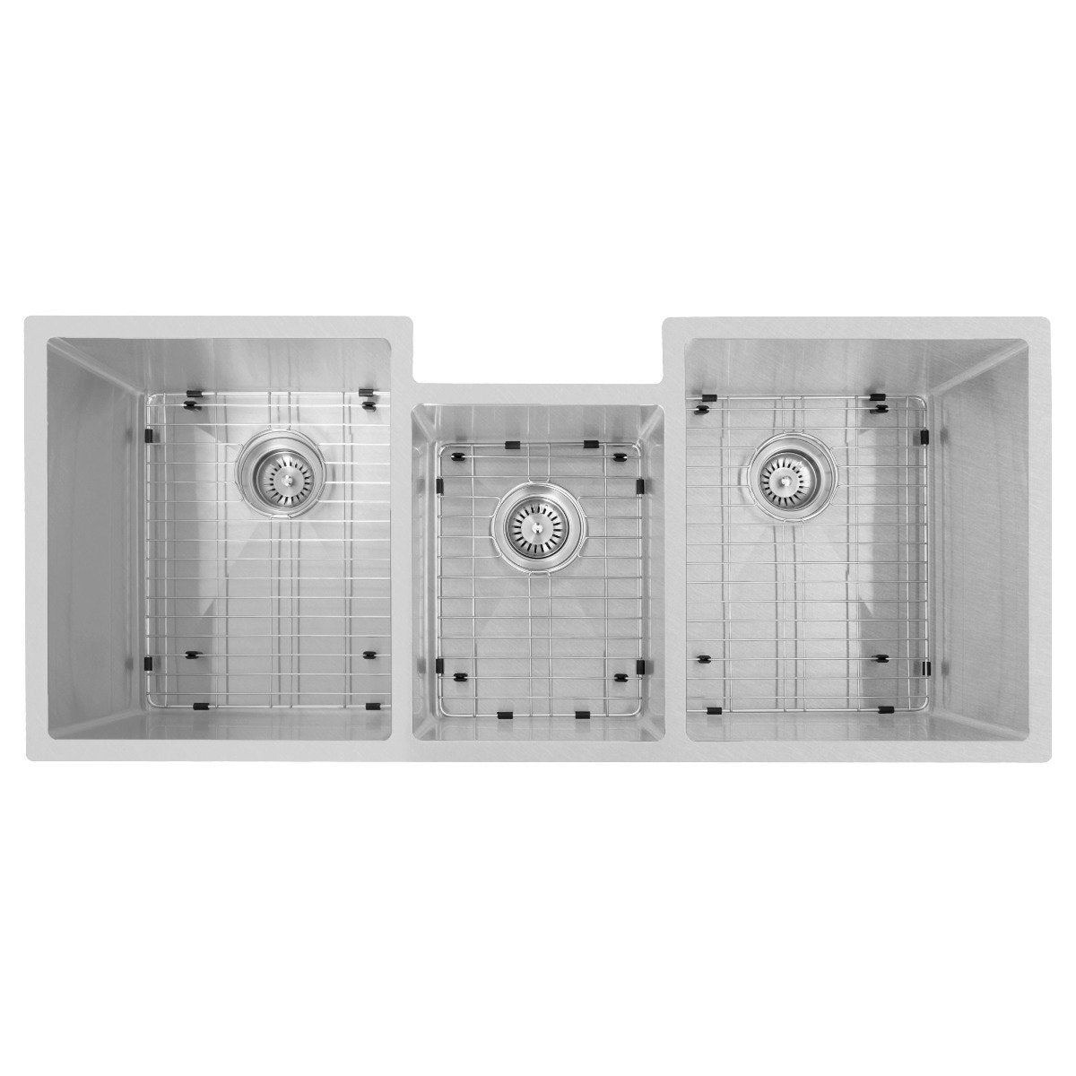 Undermount triple-bowl sink with three drain openings and visible mounting hardware