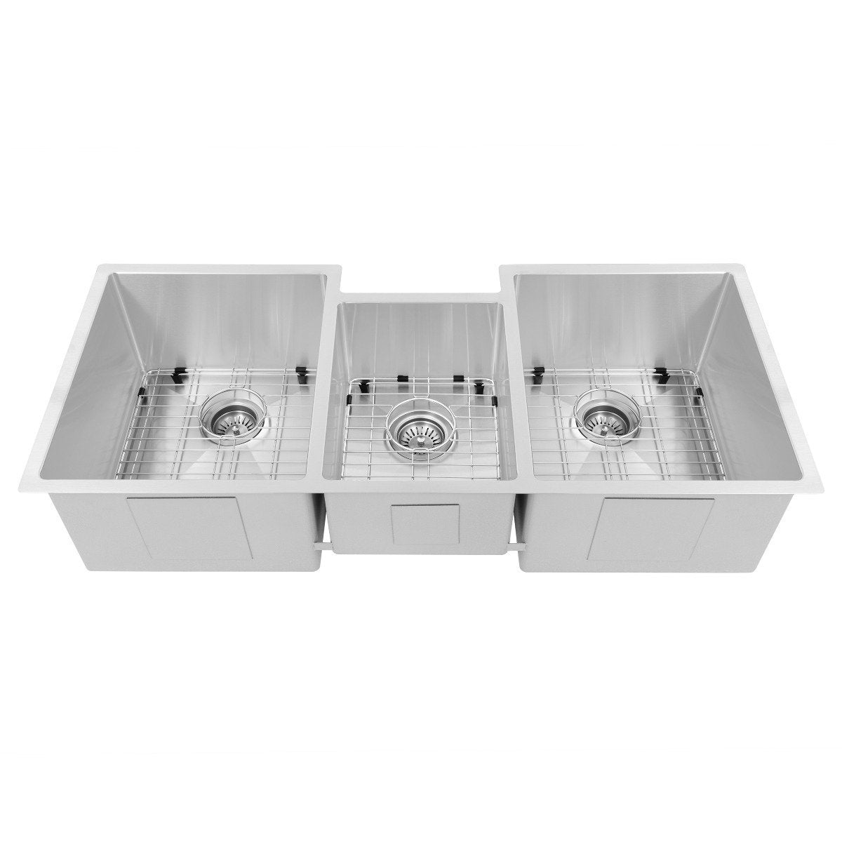 Triple bowl kitchen sink with three round strainers and raised bottom wire racks