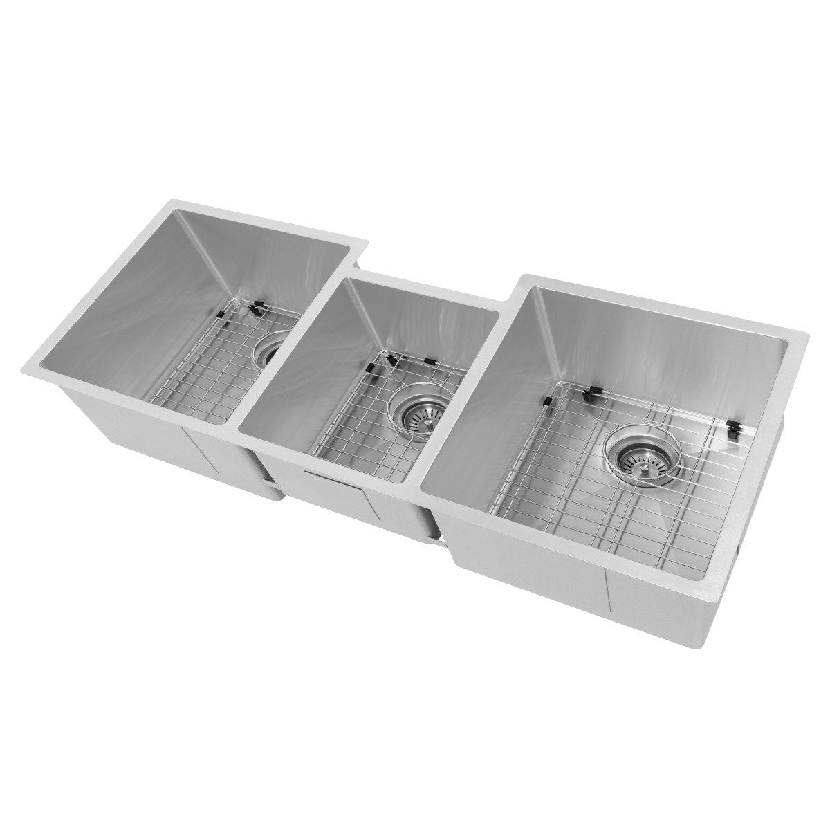 Stainless triple bowl undermount kitchen sink with three basins and wire bottom racks
