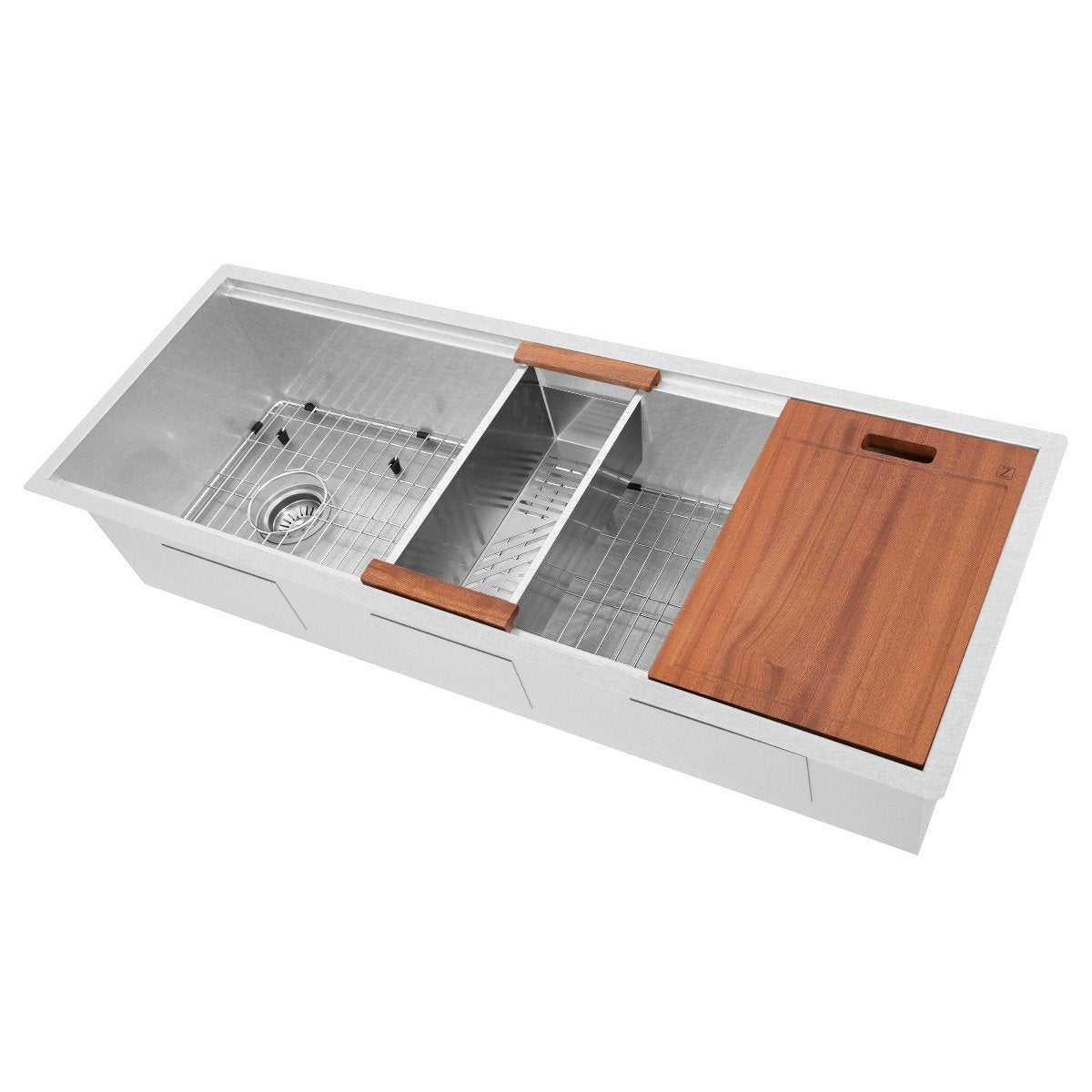 Single-bowl stainless steel kitchen sink with bottom grid and wood cutting board-style panel