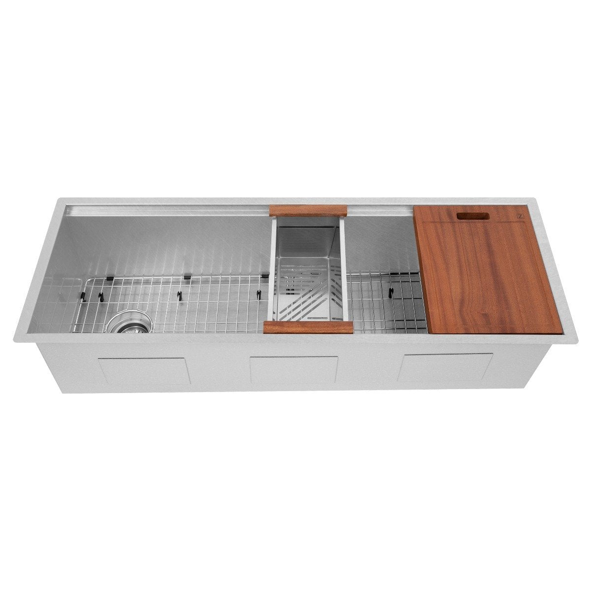 Single-bowl stainless steel kitchen sink with bottom grid, drain and wood accessories