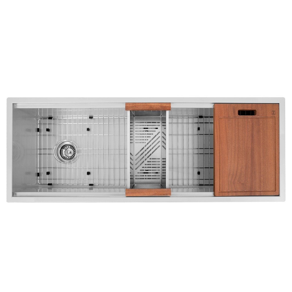Stainless steel sink with bottom grid and wood-handled rack and cover inserts