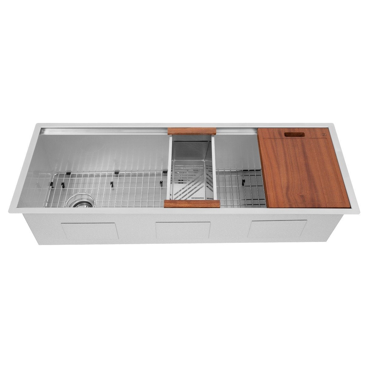 Stainless steel sink interior with bottom grid and wood-handled rack inserts