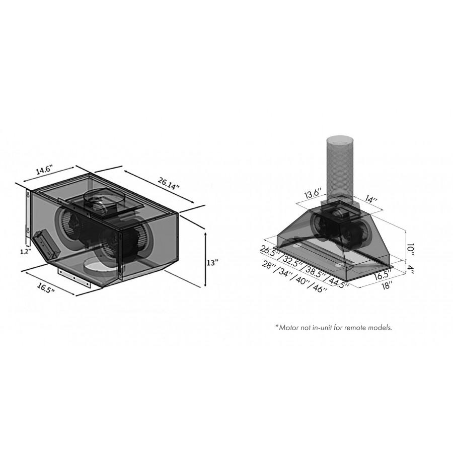 Range hood insert dimensions diagram with remote blower motor housing