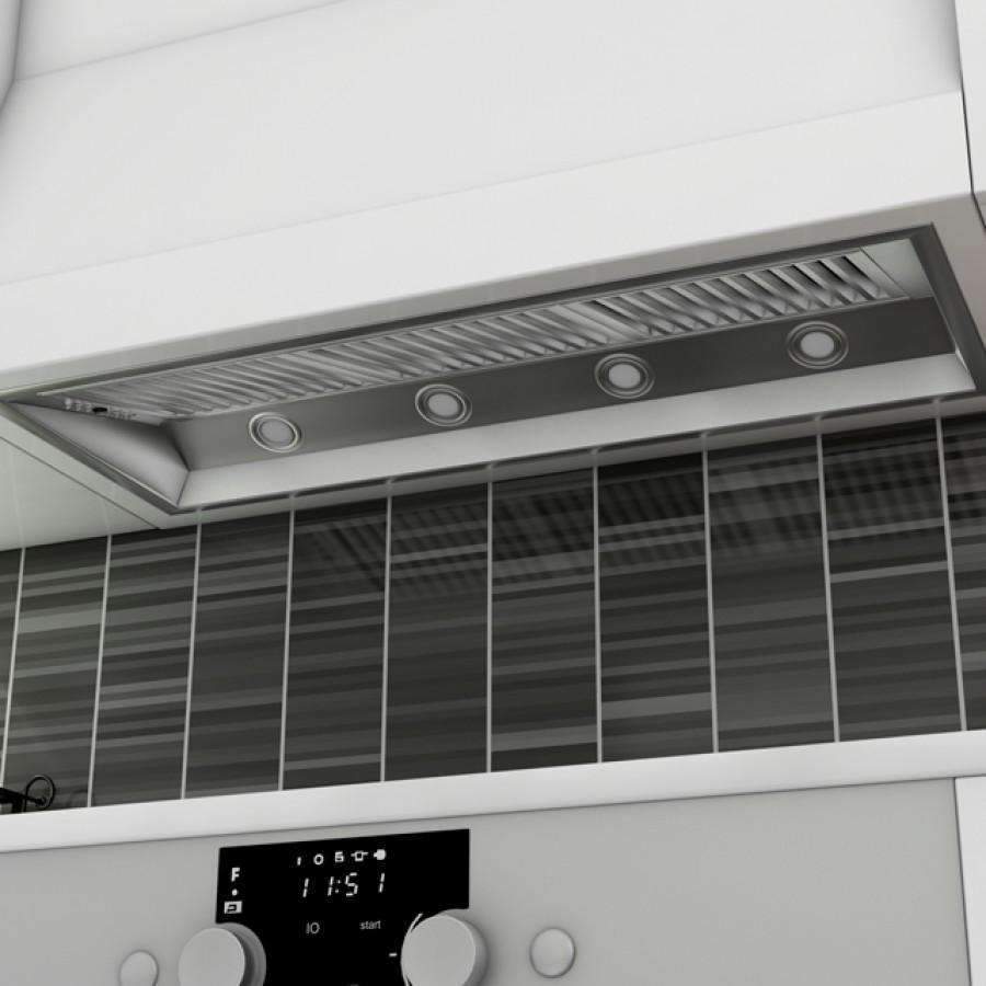 Stainless steel range hood insert underside with grille and four circular lights