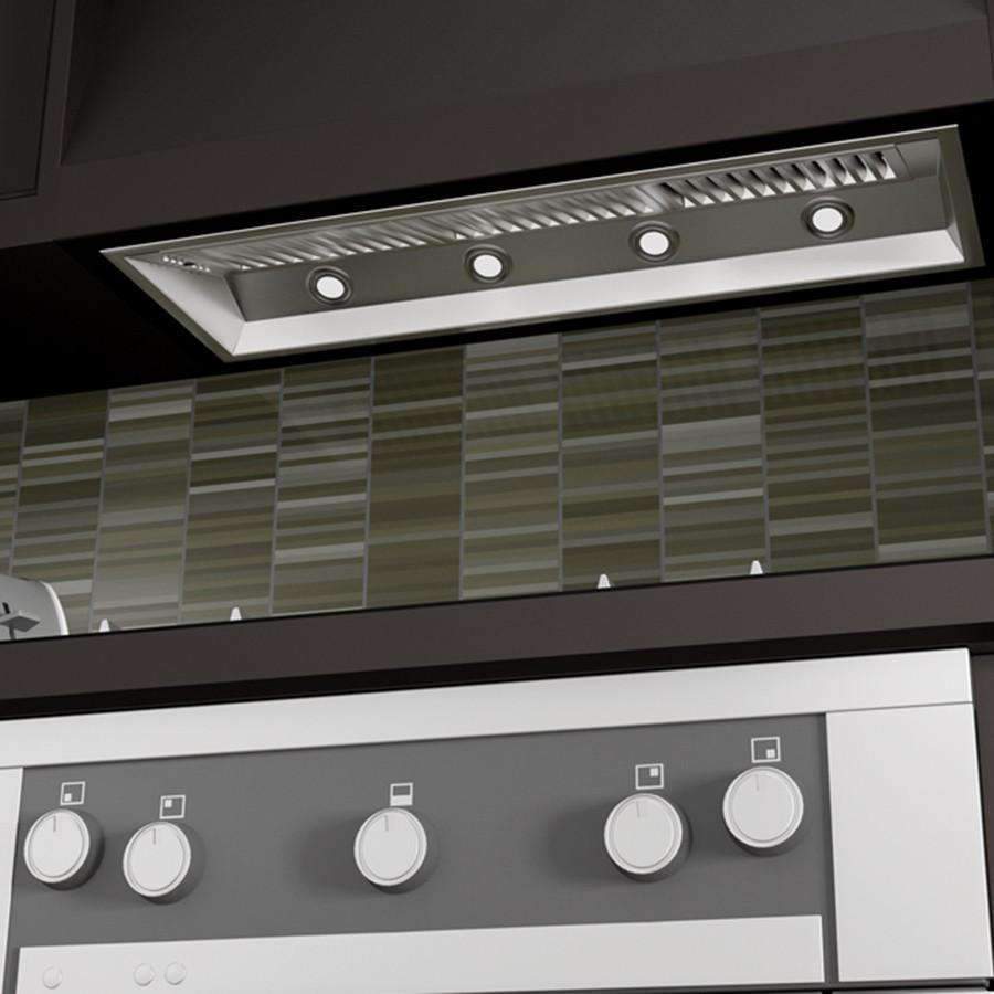 Stainless steel range hood insert with baffle grille and front control knob panel