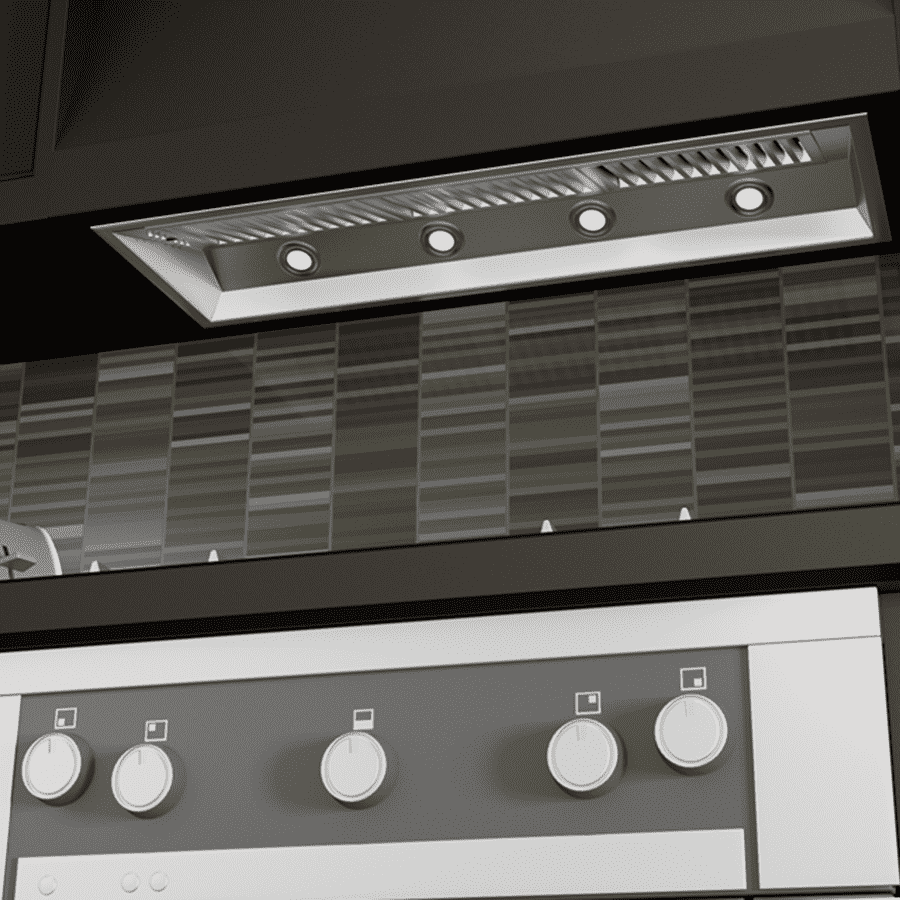 Stainless steel island range hood insert with round fan controls and vent panel
