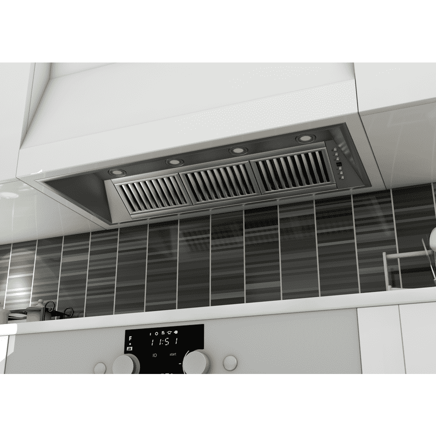 Stainless steel island range hood insert with front vent grille and touch controls