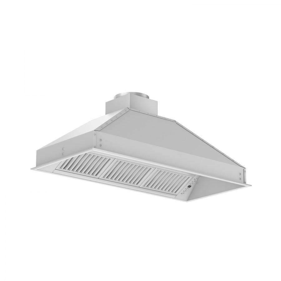 Stainless steel range hood insert with front vent grille and angled canopy