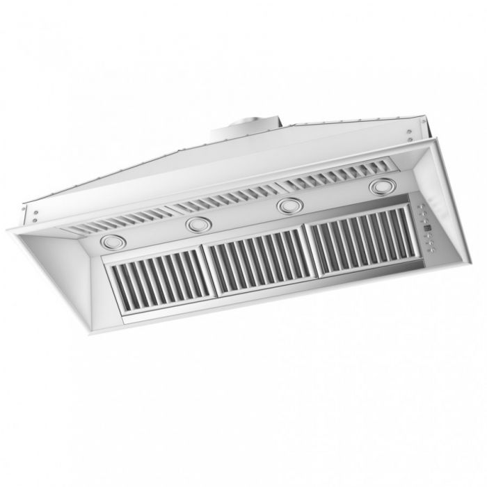 Range hood insert in stainless steel with vent grilles and two circular control ports