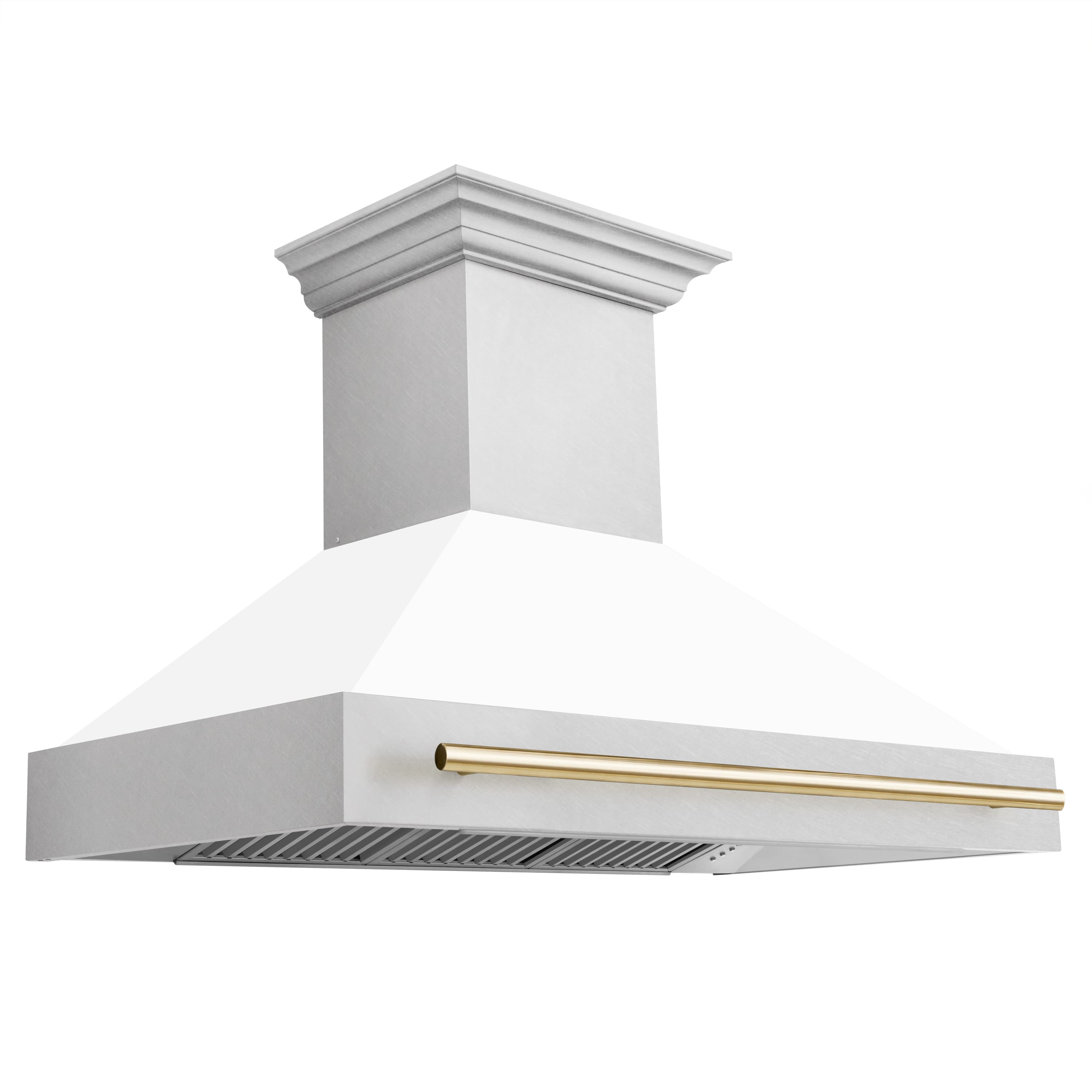 Wall-mounted range hood with satin stainless finish, gold trim, and vent canopy