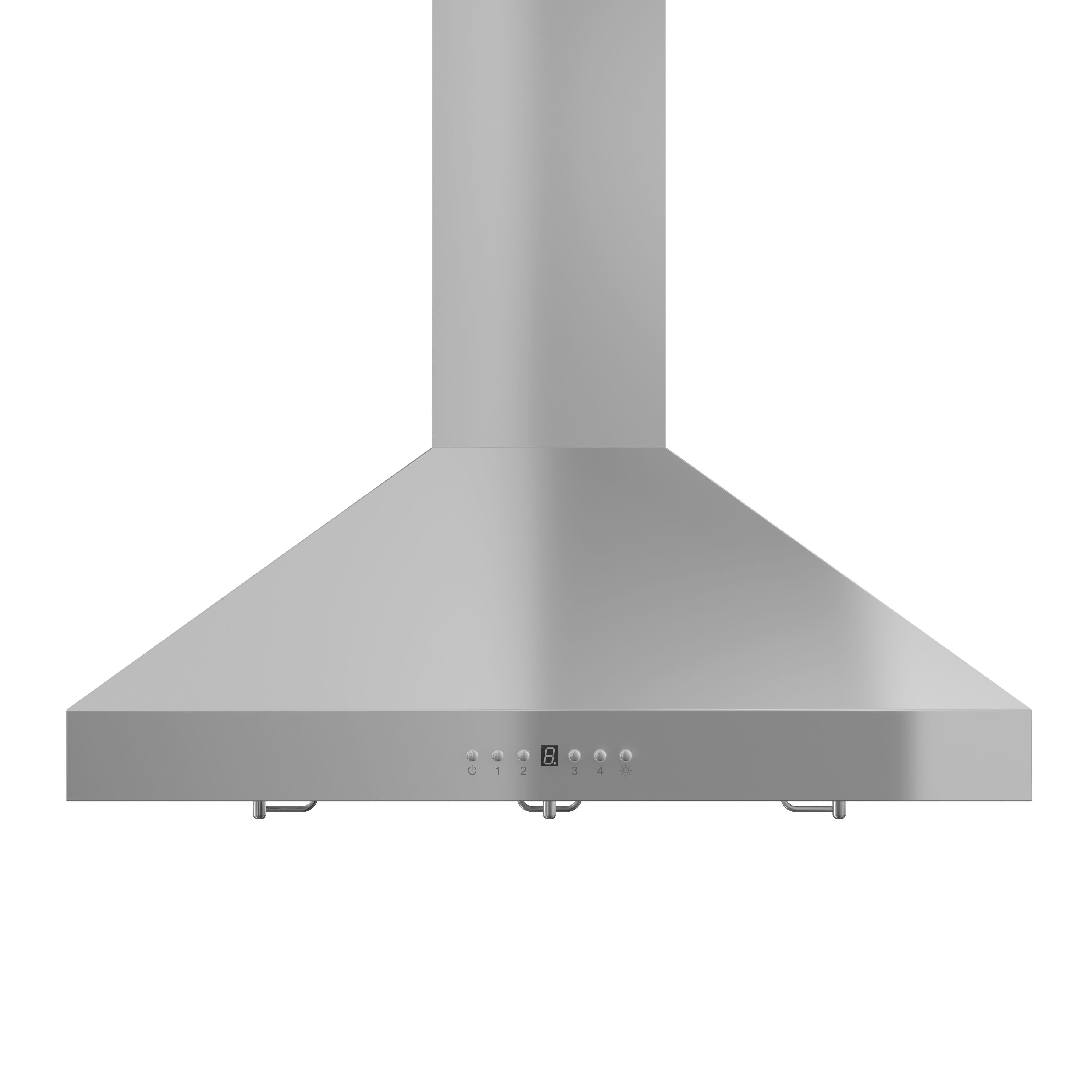 Stainless steel island range hood front view with control buttons and side support tabs