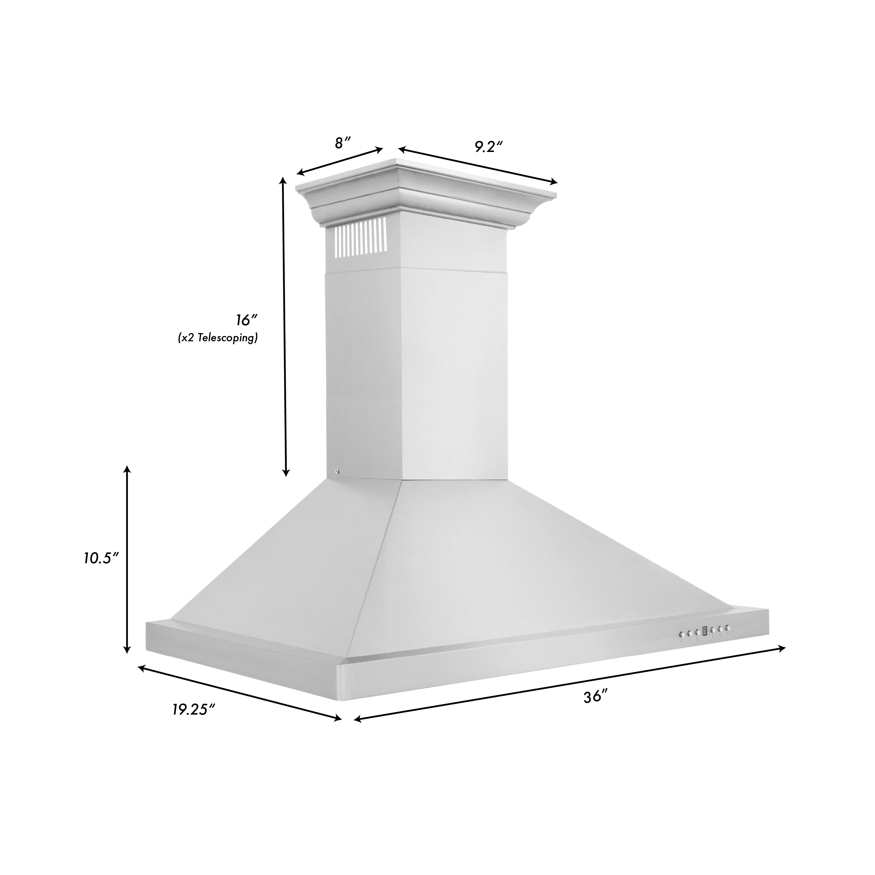 Convertible wall-mount range hood with crown molding, stainless steel finish.