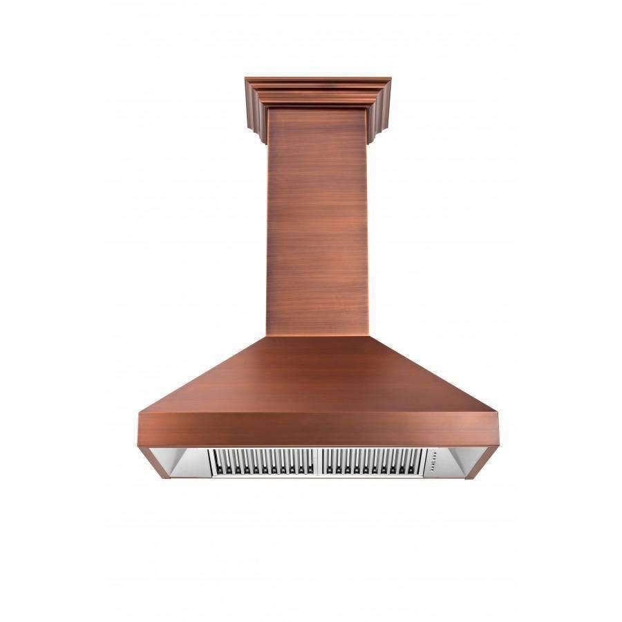 Copper-toned wall range hood with tall chimney and stainless vent strip