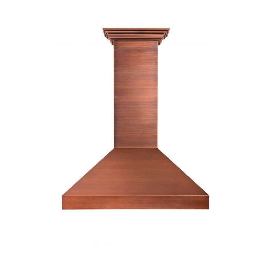 Wall-mounted range hood with copper-toned wood chimney and flat canopy