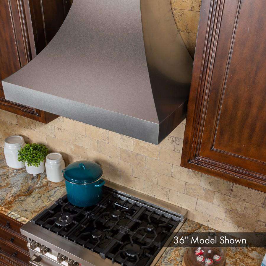 Stainless steel wall range hood chimney and horizontal filter vent over cooktop