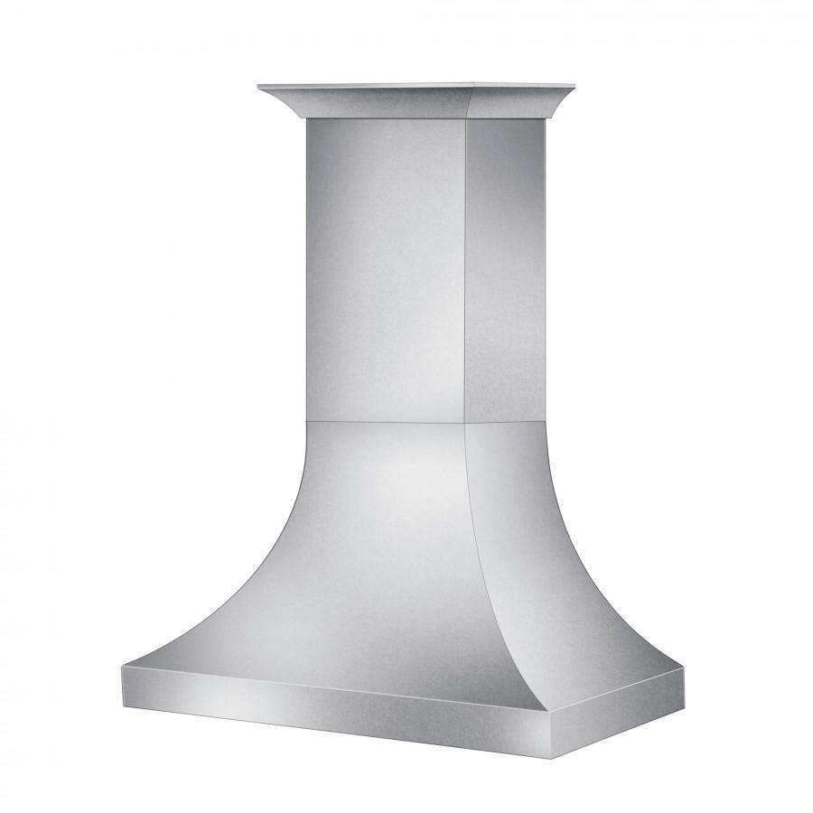 Satin stainless steel wall range hood chimney-style cover with flared bottom