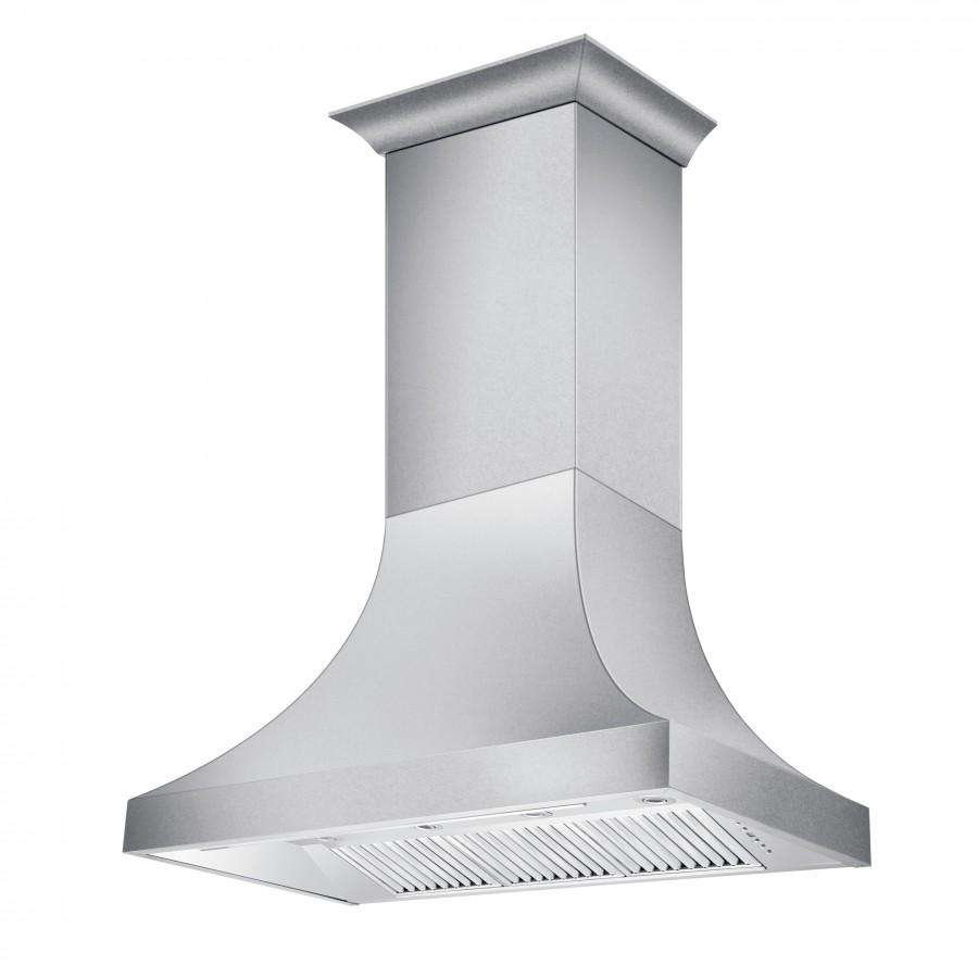 Satin stainless steel wall range hood chimney with flared base and vent opening