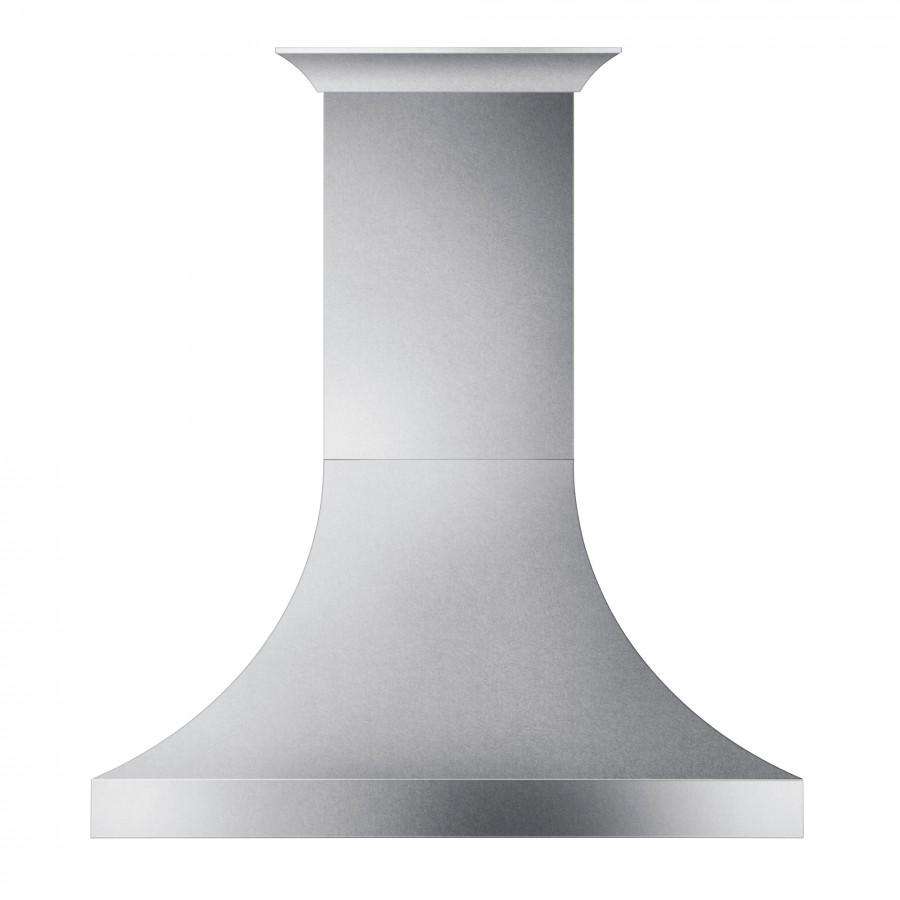 Stainless steel wall range hood, flared chimney with flat top and front