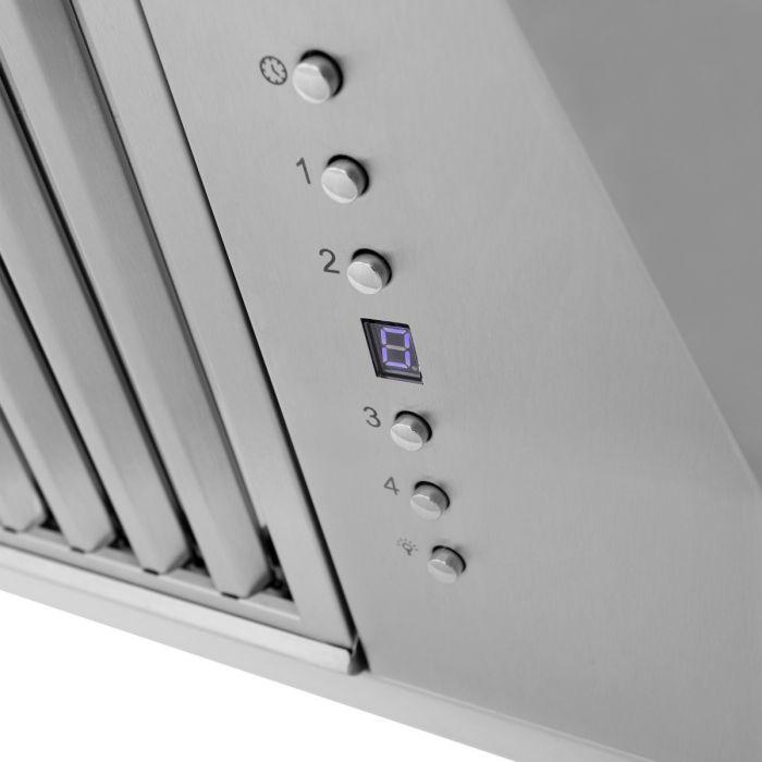Wall range hood control panel with numbered buttons and lit LED display
